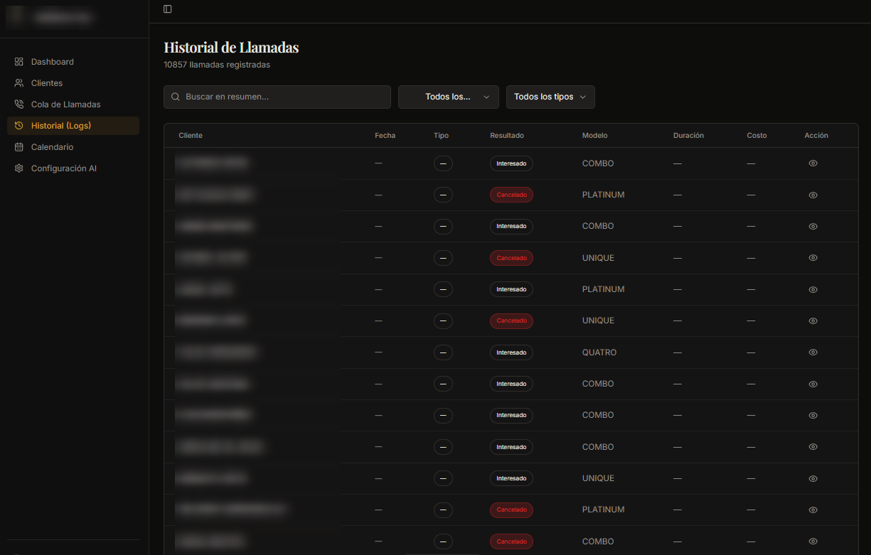 Historial: cada llamada queda registrada con su resultado.