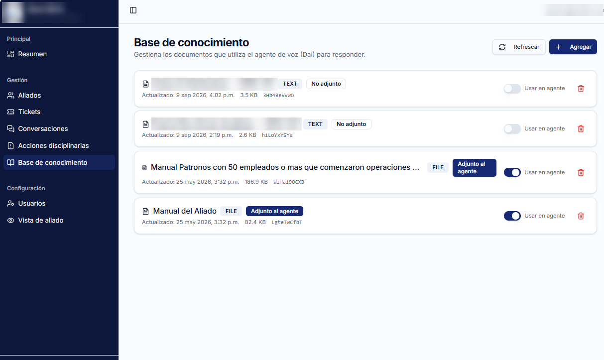 Base de conocimiento: RRHH decide qué documentos usa el agente.