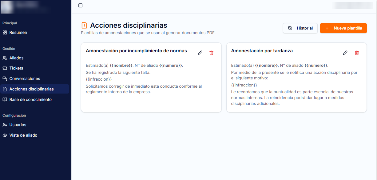 Plantillas de amonestación con variables.