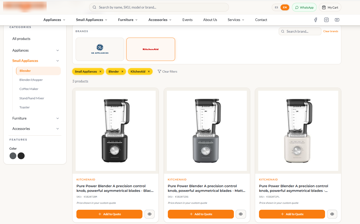 Catálogo con filtros por categoría, marca y color; el precio llega en la cotización