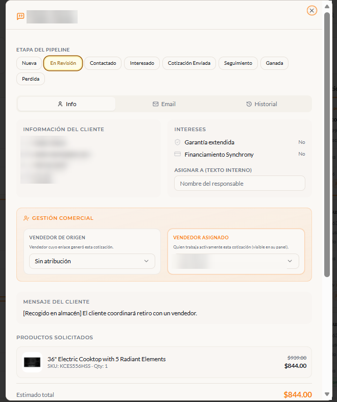 Detalle de cada cotización: datos del cliente, intereses, vendedor asignado y productos